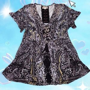 vtg y2k world unity fairycore whimsygoth aop cinched babydoll top, sz sm/md